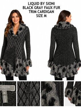 LIQUID BY SIONI BLACK GRAY FAUX FUR TRIM CARDIGAN SIZE M